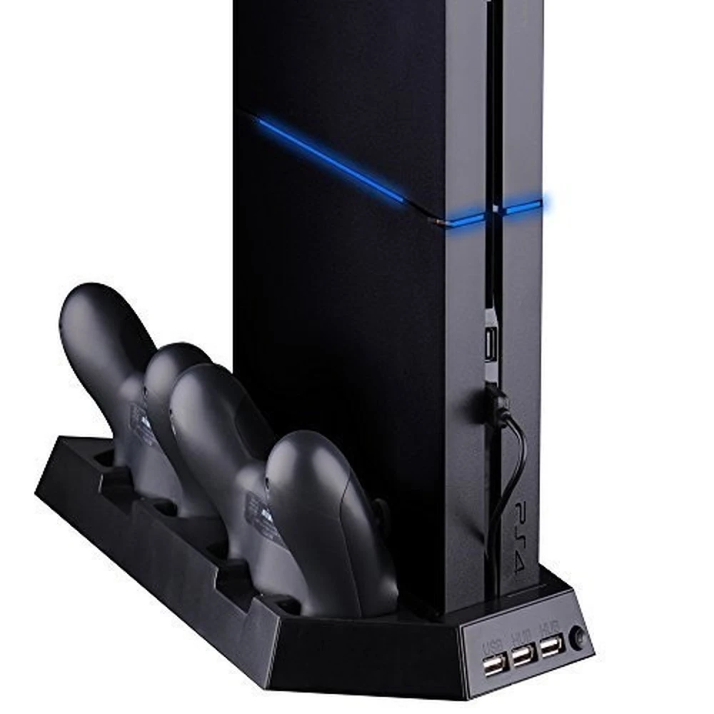 Vista lateral del soporte vertical PS4 con hub USB y base de carga para mandos
