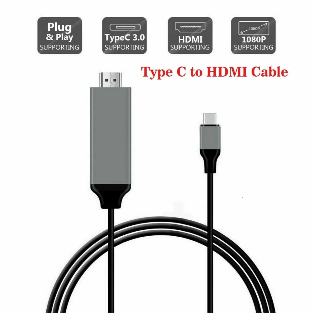 Vista del adaptador USB Tipo-C a HDMI con conectores HDMI y USB para alimentación