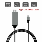 Vista del adaptador USB Tipo-C a HDMI con conectores HDMI y USB para alimentación