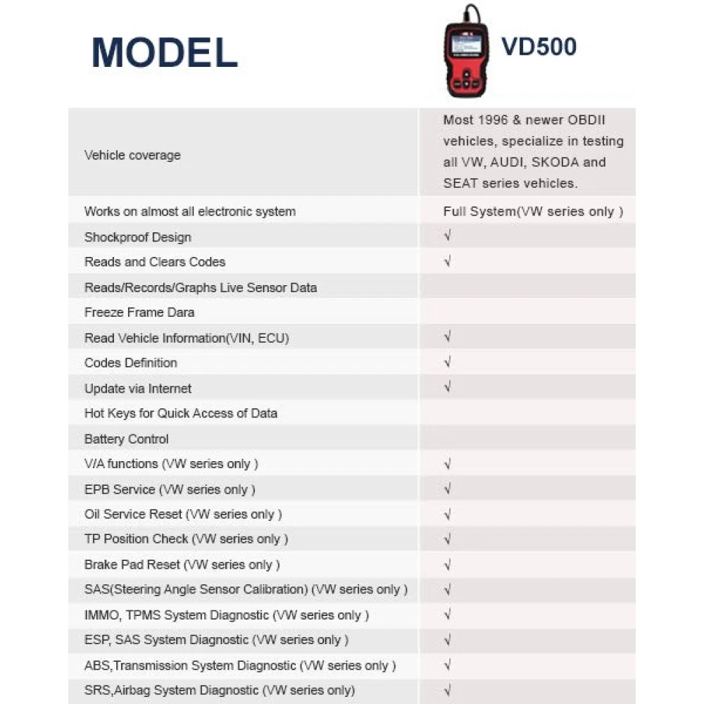 Ancel VD500 OBD2 VW, Audi, Seat ja Skoda jaoks - veakoodide lugeja