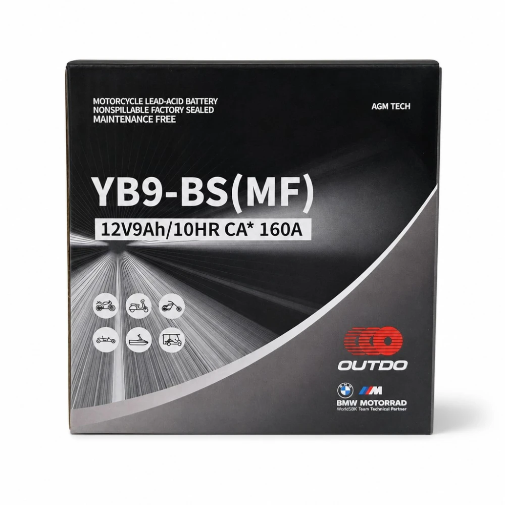 Mootorratta Aku AGM 12V 9Ah OUTDO YB9-BS(MF) - Sobib Yuasa YB9-B / GS GM9Z-3B-1 / GS YB9-B / 12N9-4B-1 (flooded)