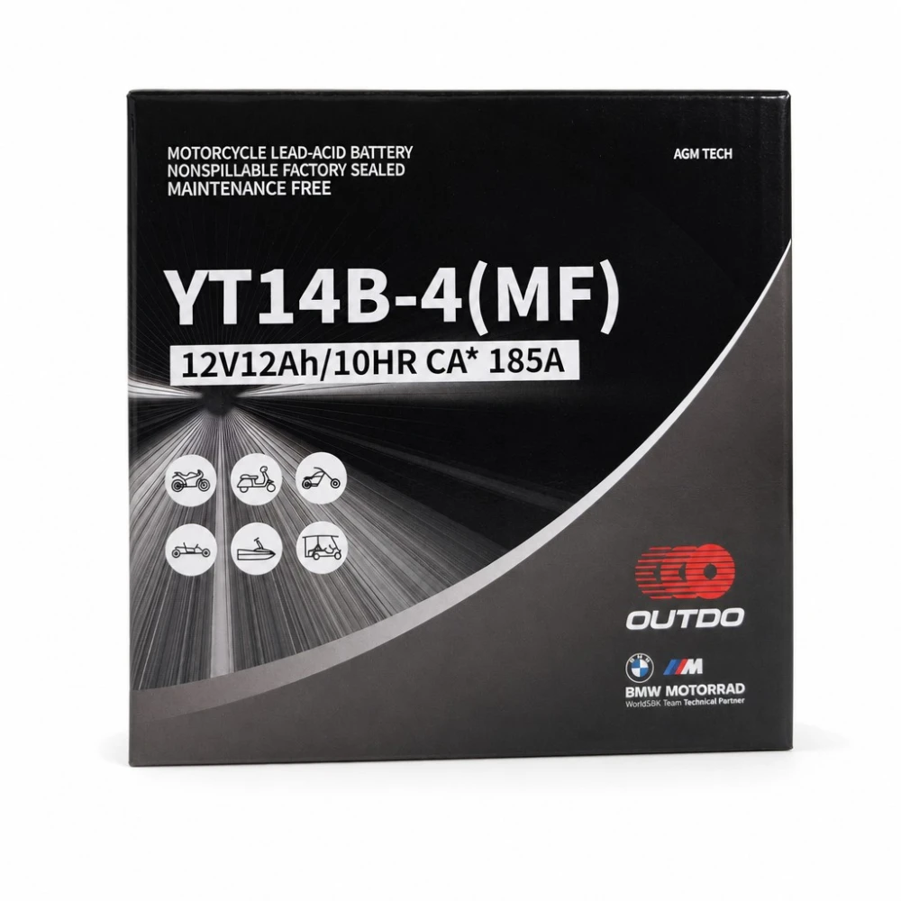 Mootorratta aku AGM 12V 12Ah OUTDO YT14B-4(MF) - Sobib Yuasa YT14B-BS / GT14B-BS / GT14B-4 / ETZ14B-BS / ET14B-4