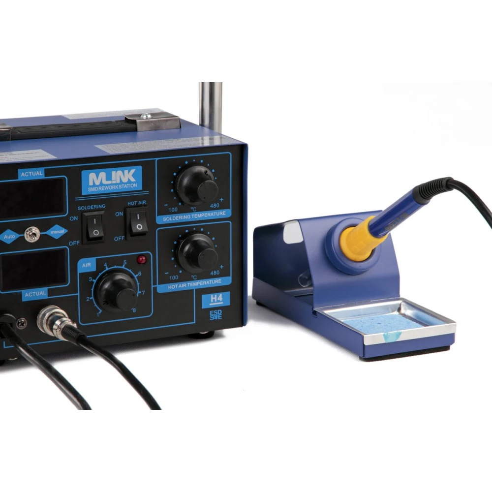 Vista frontal de la estación de soldadura Mlink H4 con controles y soporte