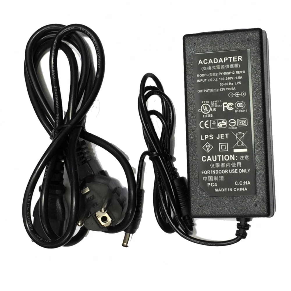 12V 5A toiteadapter 5,5mm pistikuga LED-ribadele ja LCD-monitoridele