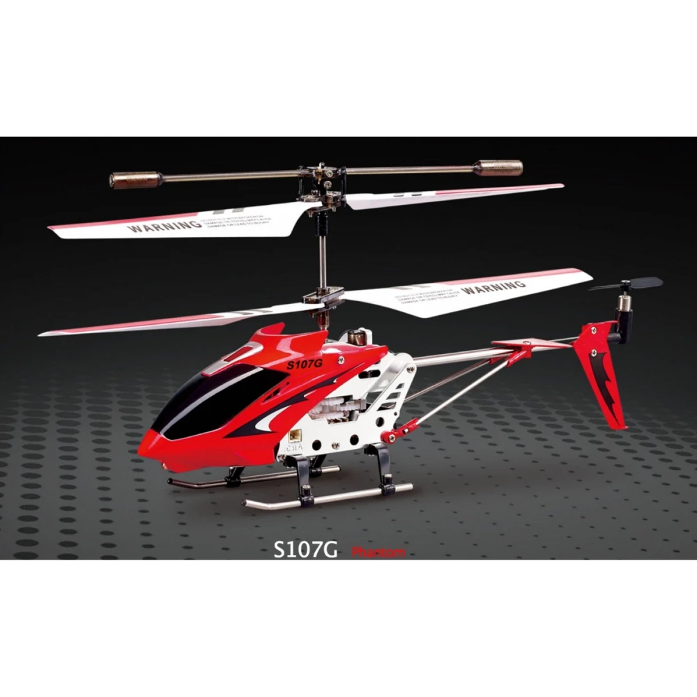 Vista lateral del helicoptero RC Syma 107G con mando controlador