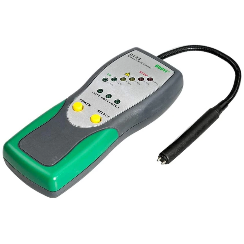 Detalle del probador digital DUOYI DY23 mostrando luces LED de estado