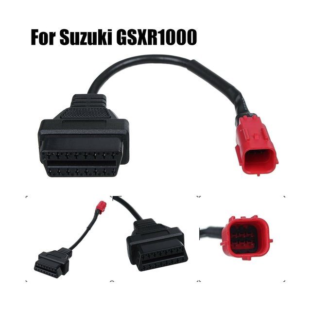 Lühike Suzuki mootorratta adapterkaabel punase 6-kontaktilise pistiku ja musta 16-kontaktilise OBD2-pesaga