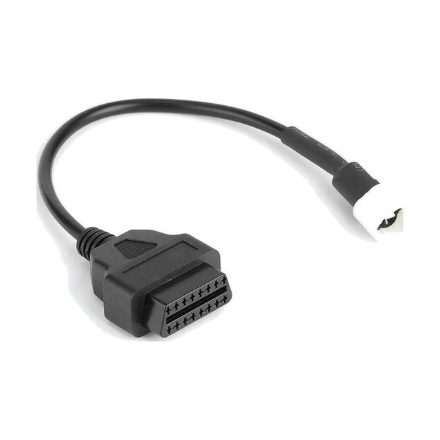 Yamaha mootorratta adapterkaabel valge 3-kontaktilise pistiku ja musta 16-kontaktilise OBD2-pesaga